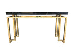 MAISON JANSEN STYLE BLACK LUCITE MIRROR WITH BRASS DETAIL
