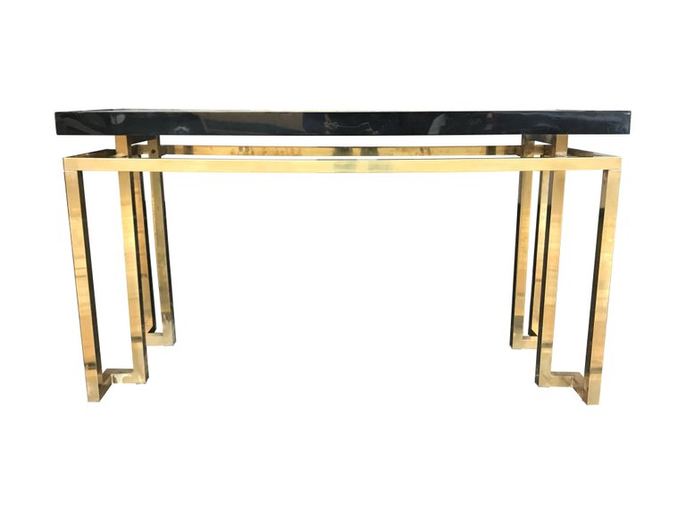 MAISON JANSEN STYLE BLACK LUCITE MIRROR WITH BRASS DETAIL