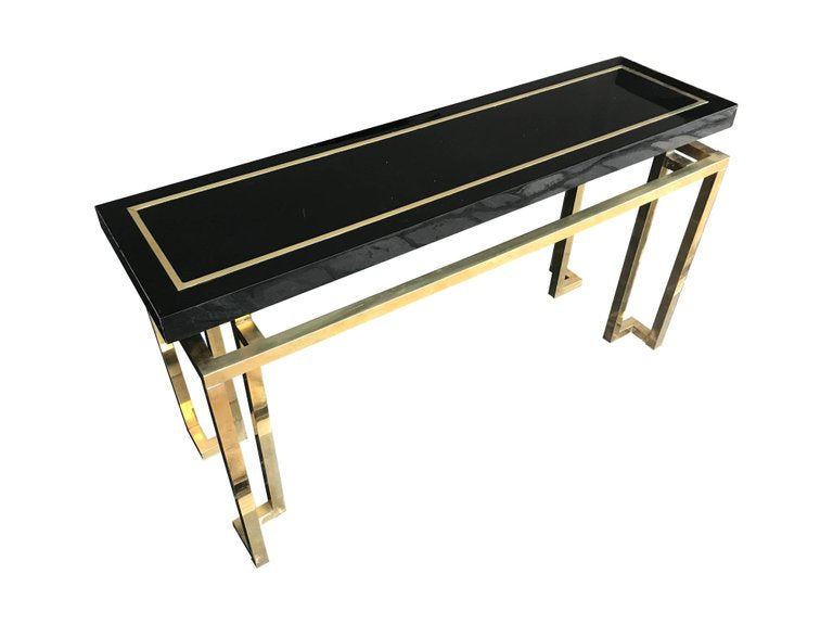 MAISON JANSEN STYLE BLACK LUCITE MIRROR WITH BRASS DETAIL