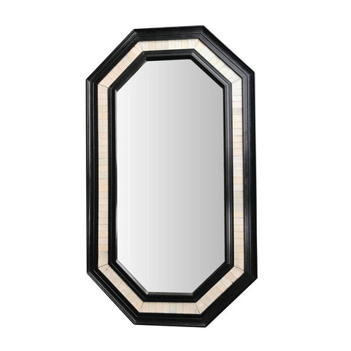 OCTAGONAL EBONIZED WOODEN FRAMED MIRROR WITH BONE INLAY SURROUND