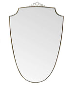 ORIGINAL 1950S ITALIAN BRASS SHIELD MIRROR WITH CENTRAL DECORATIVE TOP DETAIL