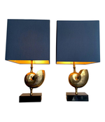 PAIR A BRASS "NAUTILUS" LAMPS IN THE STYLE OF MAISON CHARLES WITH BLUE SHADES