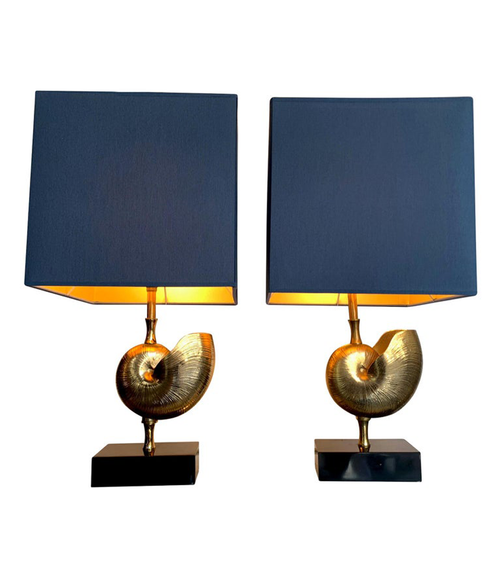 PAIR A BRASS "NAUTILUS" LAMPS IN THE STYLE OF MAISON CHARLES WITH BLUE SHADES