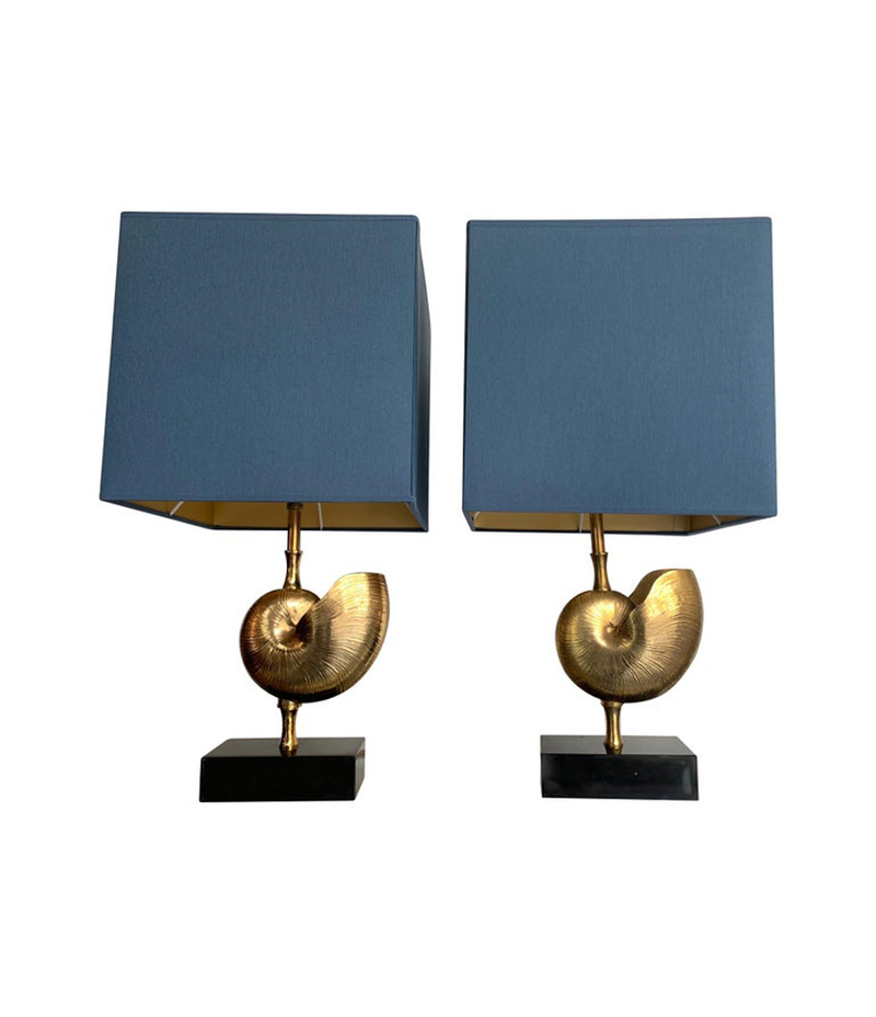 PAIR A BRASS "NAUTILUS" LAMPS IN THE STYLE OF MAISON CHARLES WITH BLUE SHADES