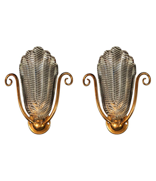 PAIR OF 1950S BAROVIER AND TOSO, MURANO GLASS WALL SCONCES WITH BRASS FITTINGS