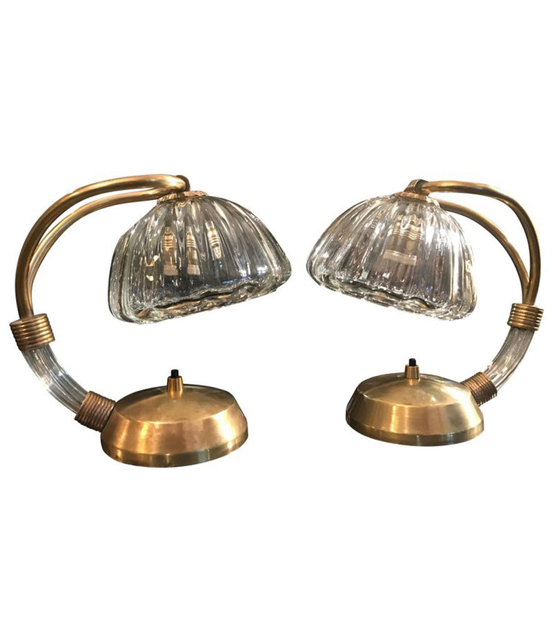 PAIR OF 1950S BAROVIER & TOSO GLASS AND BRASS LAMPS