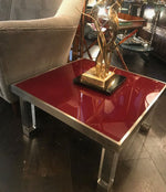 PAIR OF 1970S RED GLASS AND LUCITE SIDE TABLES