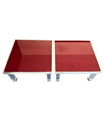PAIR OF 1970S RED GLASS AND LUCITE SIDE TABLES