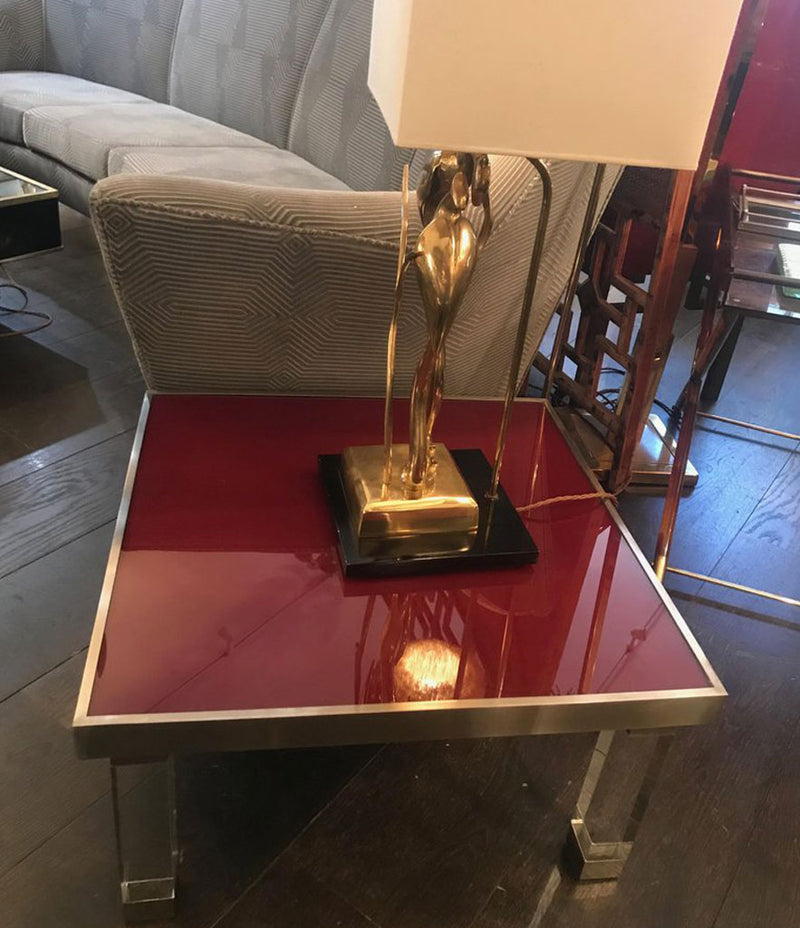 PAIR OF 1970S RED GLASS AND LUCITE SIDE TABLES