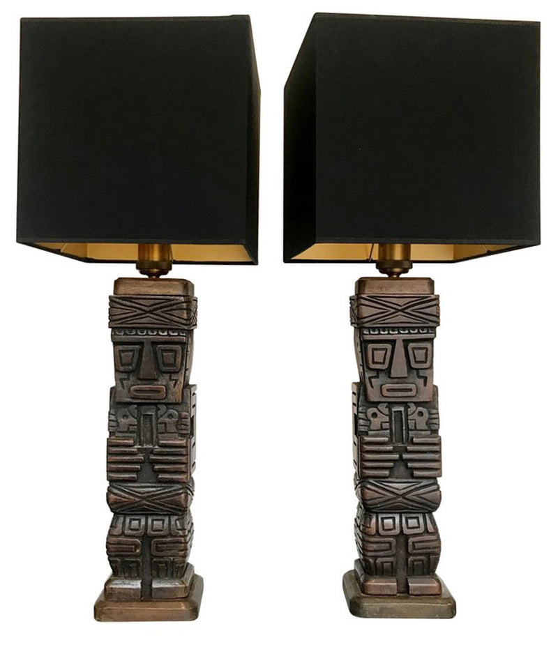 PAIR OF CARVED WOODEN TIKI LAMPS