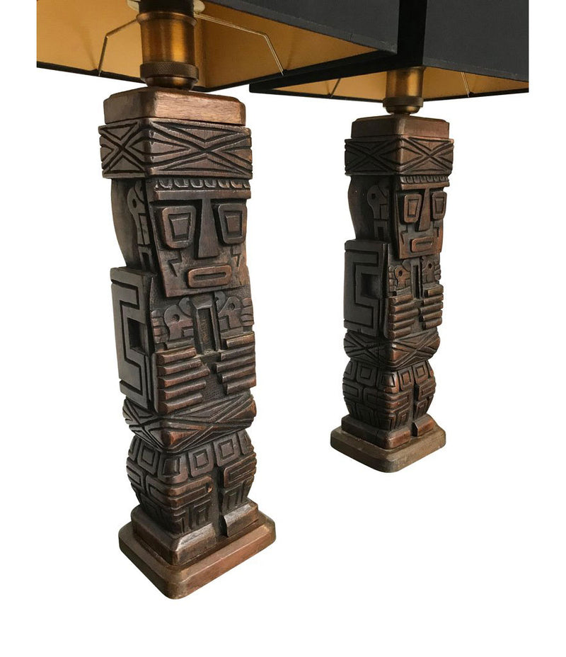 PAIR OF CARVED WOODEN TIKI LAMPS