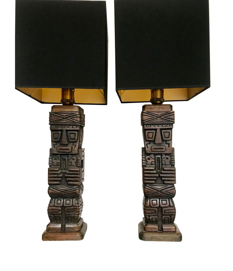 PAIR OF CARVED WOODEN TIKI LAMPS