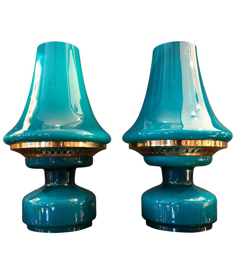 PAIR OF HANS-AGNE JAKOBSSON TURQUOISE GLASS LAMPS