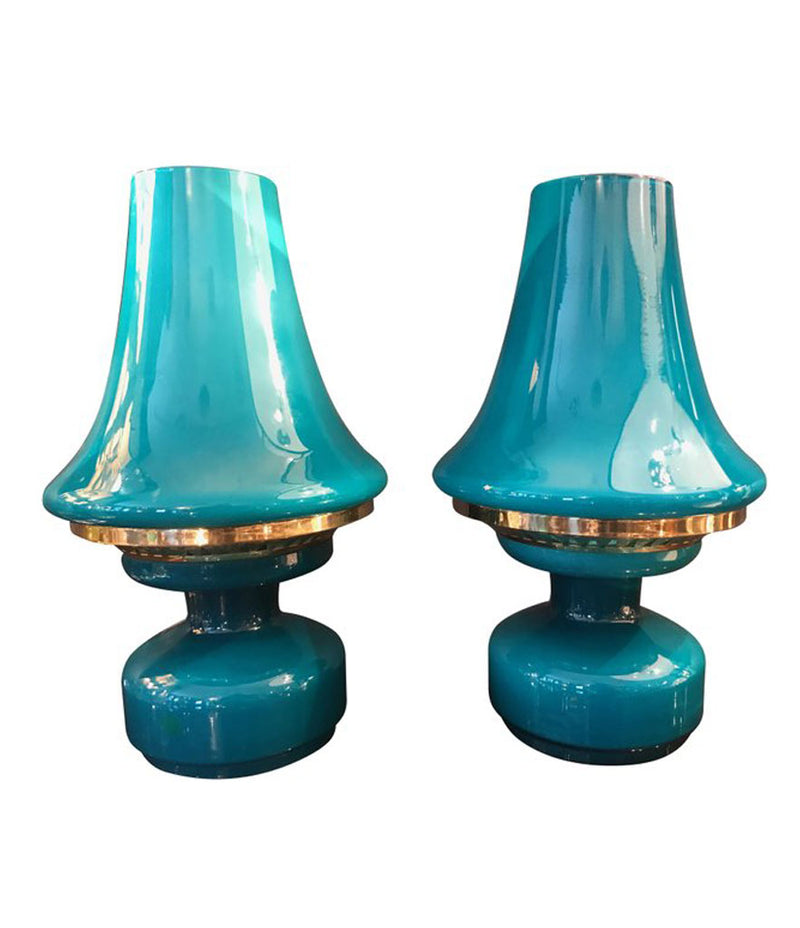 PAIR OF HANS-AGNE JAKOBSSON TURQUOISE GLASS LAMPS