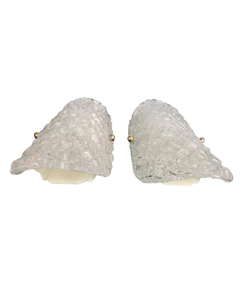 PAIR OF HILLEBRAND ICE GLASS WALL SCONCES WITH TEXTURED CURVED GLASS SHADES