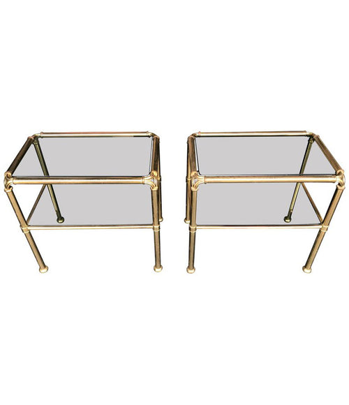 PAIR OF ITALIAN BRASS SIDE TABLES WITH SMOKED GLASS SHELVES