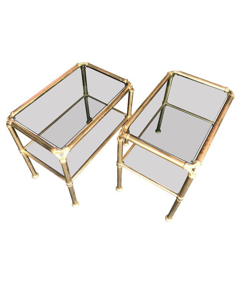 PAIR OF ITALIAN BRASS SIDE TABLES WITH SMOKED GLASS SHELVES