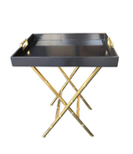 PAIR OF LACQUERED SIDE TABLES WITH BRASS FAUX BAMBOO LEGS AND HANDLES