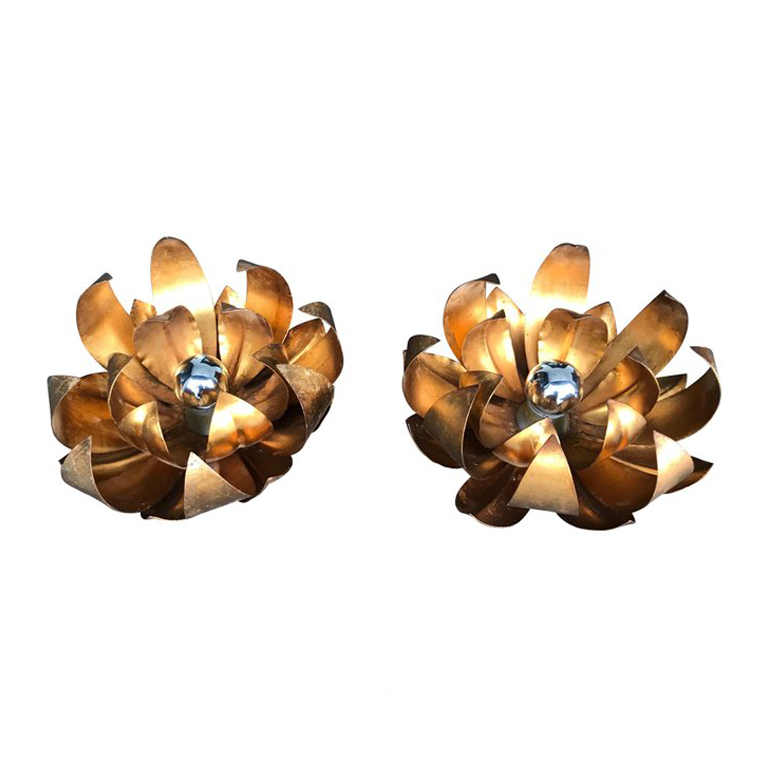 PAIR OF LARGE GILT METAL FLOWER WALL LIGHTS