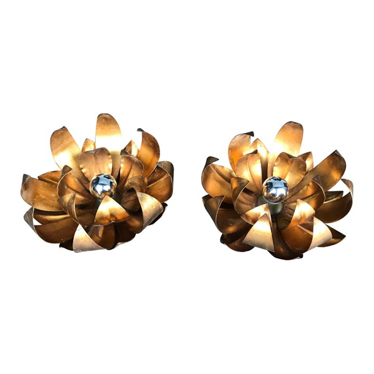 PAIR OF LARGE GILT METAL FLOWER WALL LIGHTS