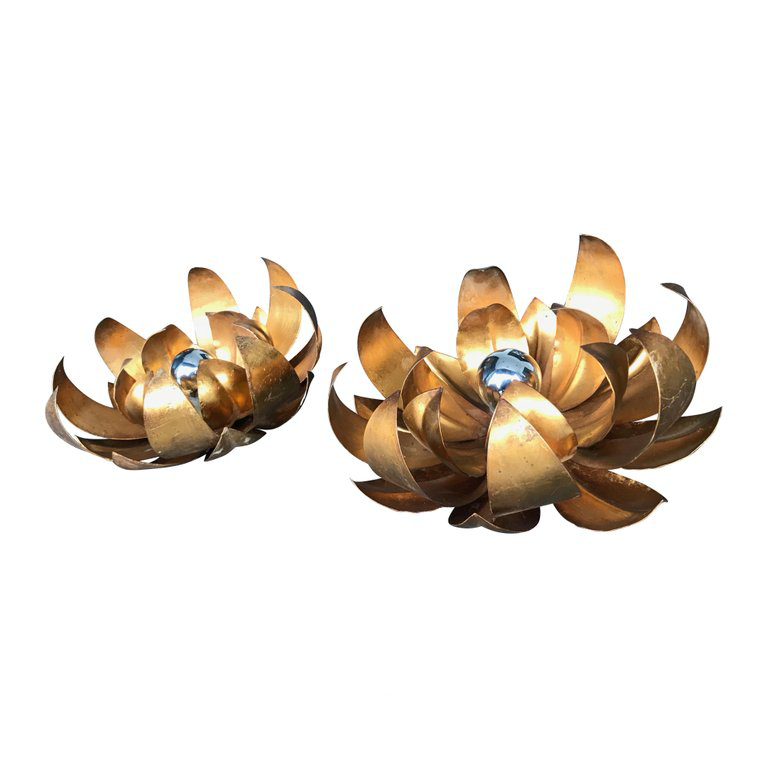 PAIR OF LARGE GILT METAL FLOWER WALL LIGHTS