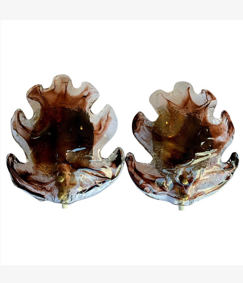 PAIR OF LARGE GLASS, LEAF SHAPED WALL SCONCES BY FÅGLAVIK, SWEDEN