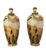 PAIR OF LARGE ITALIAN CERAMIC LAMPS WITH JAPANESE RELIEF DESIGNS