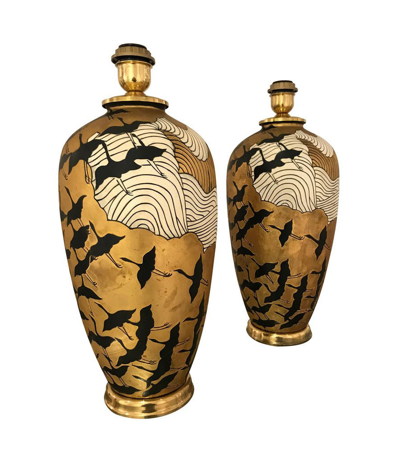 PAIR OF LARGE ITALIAN CERAMIC LAMPS WITH JAPANESE RELIEF DESIGNS