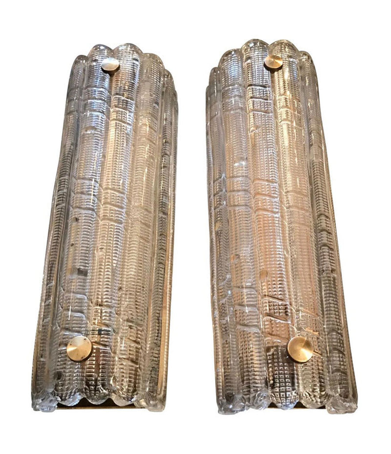 PAIR OF LARGE ORREFORS GLASS WALL SCONCES BY CARL FAGERLUND WITH BRASS PLATES