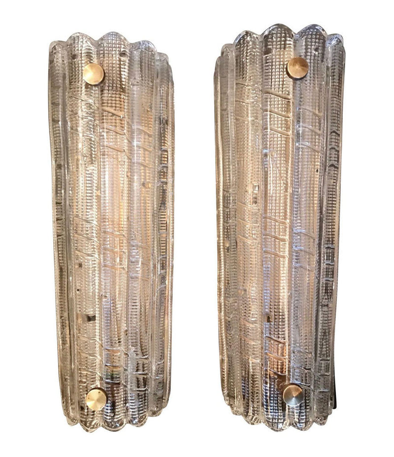 PAIR OF LARGE ORREFORS GLASS WALL SCONCES BY CARL FAGERLUND WITH BRASS PLATES