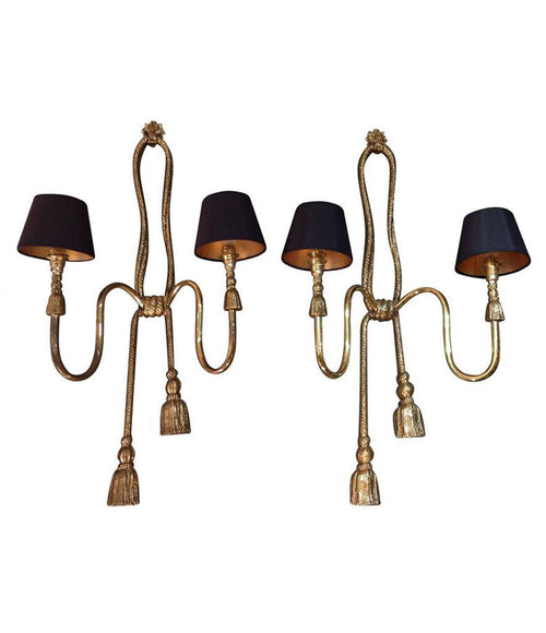 PAIR OF LARGE VALENTI BRASS ROPE AND TASSLE WALL LIGHTS