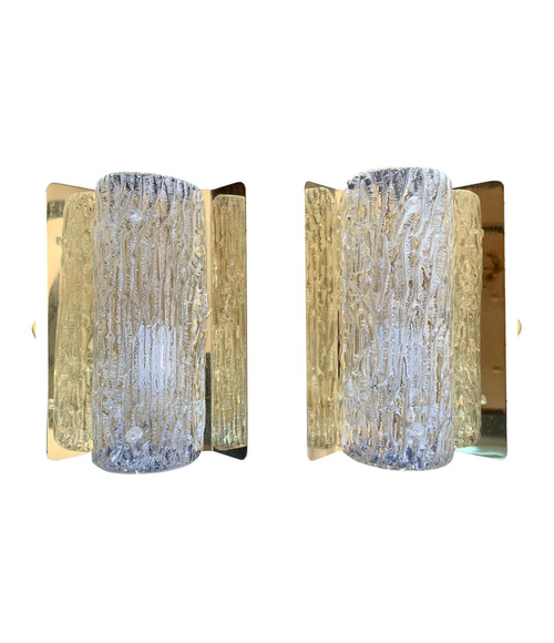 PAIR OF ORREFORS GLASS WALL SCONCES ON BRASS PLATES BY FALKENSBERG, SWEDEN