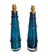 PAIR OF ORREFORS TURQUOISE GLASS LAMPS WITH BRASS FITTINGS AND BESPOKE SHADES