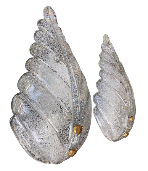 PAIR OF TEXTURED MURANO GLASS LEAF WALL SCONCES WITH BRASS SCREW FITTINGS