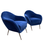 PAIR OF 1950S ITALIAN ARMCHAIRS WITH MATCHING OTTOMANS REUPHOLSTERED IN VELVET