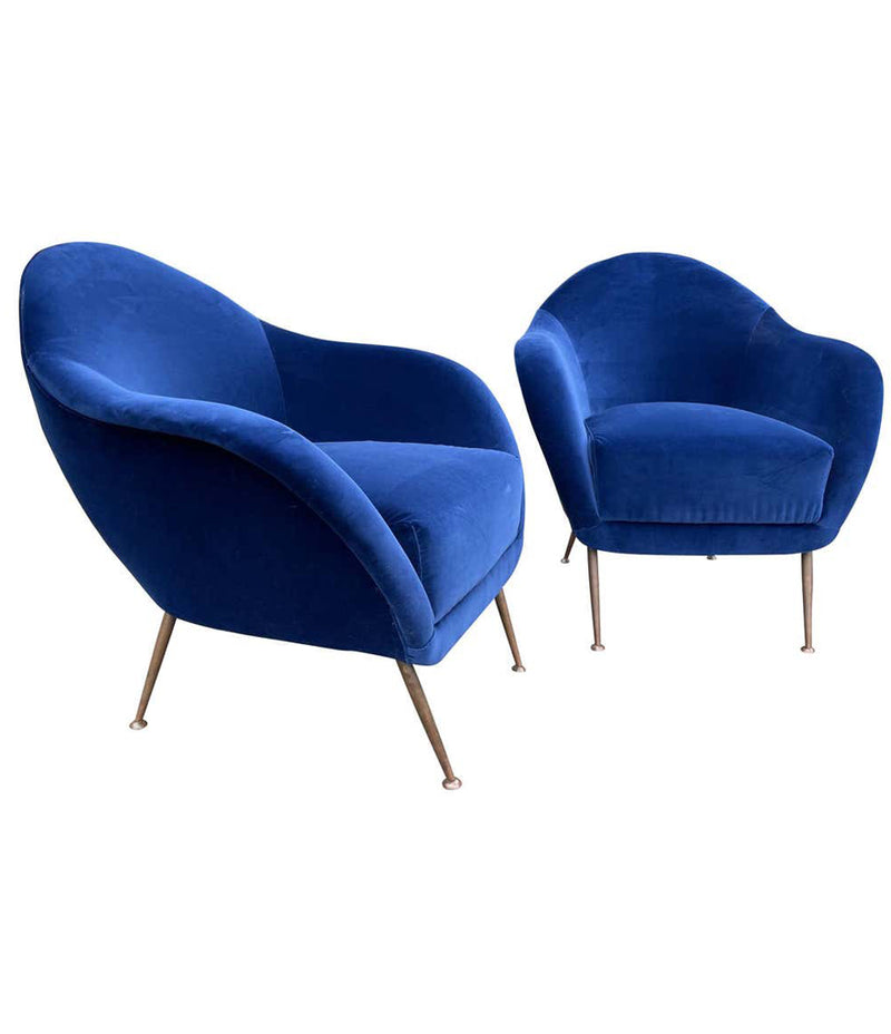 PAIR OF 1950S ITALIAN ARMCHAIRS WITH MATCHING OTTOMANS REUPHOLSTERED IN VELVET