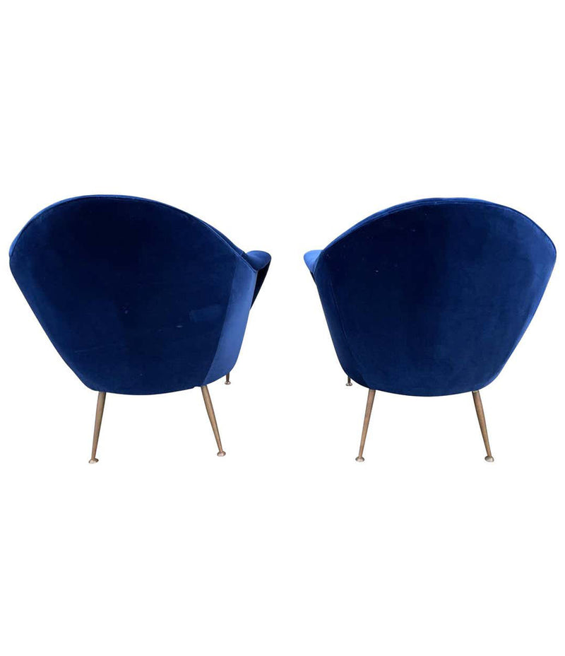 PAIR OF 1950S ITALIAN ARMCHAIRS WITH MATCHING OTTOMANS REUPHOLSTERED IN VELVET