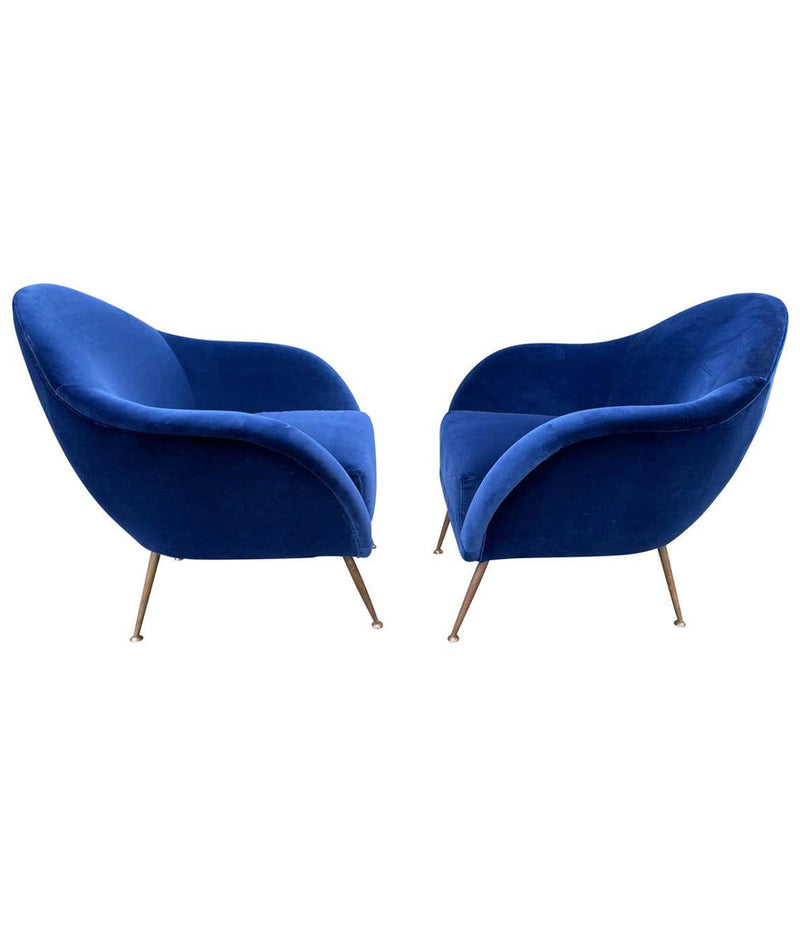 PAIR OF 1950S ITALIAN ARMCHAIRS WITH MATCHING OTTOMANS REUPHOLSTERED IN VELVET