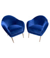 PAIR OF 1950S ITALIAN ARMCHAIRS WITH MATCHING OTTOMANS REUPHOLSTERED IN VELVET