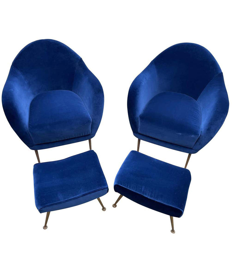 PAIR OF 1950S ITALIAN ARMCHAIRS WITH MATCHING OTTOMANS REUPHOLSTERED IN VELVET