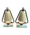 PAIR OF 1950S ITALIAN LAMPS WITH ENAMEL SHADES ON BRASS FRAME MOUNTED ON GLASS