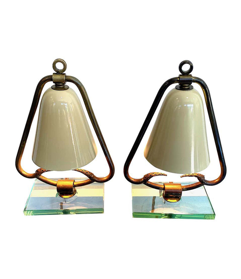 PAIR OF 1950S ITALIAN LAMPS WITH ENAMEL SHADES ON BRASS FRAME MOUNTED ON GLASS