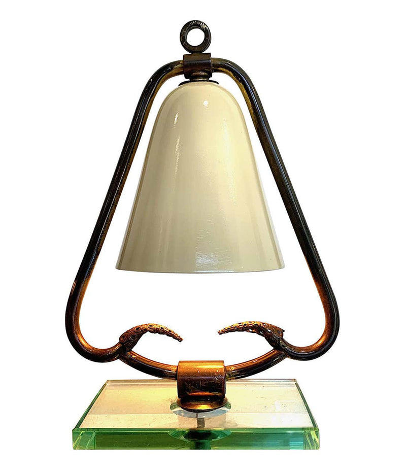 PAIR OF 1950S ITALIAN LAMPS WITH ENAMEL SHADES ON BRASS FRAME MOUNTED ON GLASS