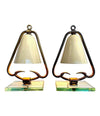 PAIR OF 1950S ITALIAN LAMPS WITH ENAMEL SHADES ON BRASS FRAME MOUNTED ON GLASS