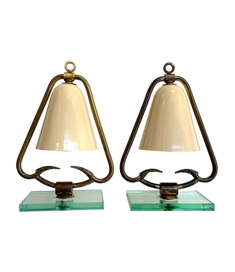 PAIR OF 1950S ITALIAN LAMPS WITH ENAMEL SHADES ON BRASS FRAME MOUNTED ON GLASS