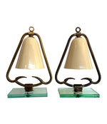 PAIR OF 1950S ITALIAN LAMPS WITH ENAMEL SHADES ON BRASS FRAME MOUNTED ON GLASS