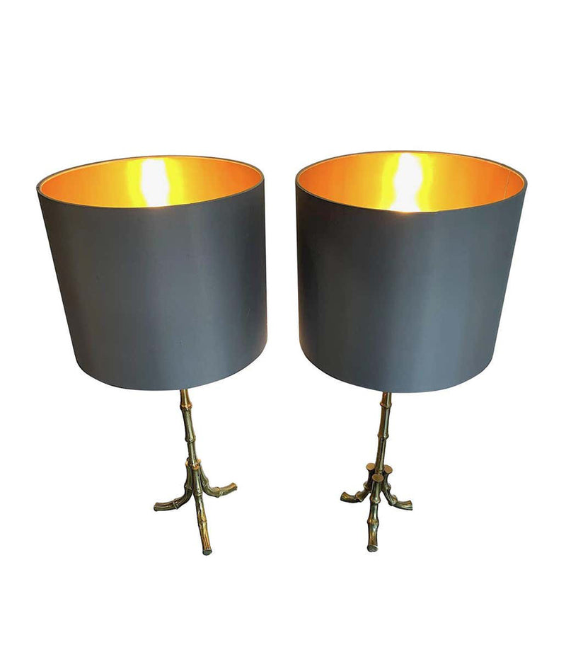 PAIR OF 1950S MAISON BAGUÈS BRASS FAUX BAMBOO LAMPS WITH NEW BESPOKE SHADES