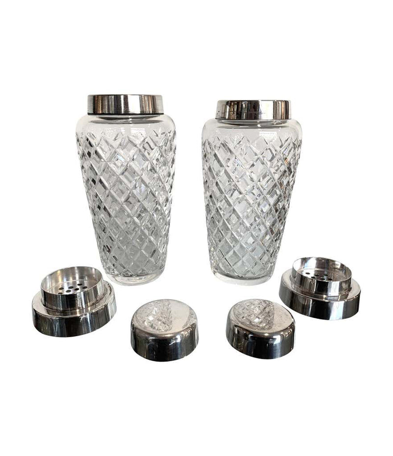 PAIR OF 1960S VAL SAINT LAMBERT CRYSTAL AND SILVER PLATE COCKTAIL SHAKERS