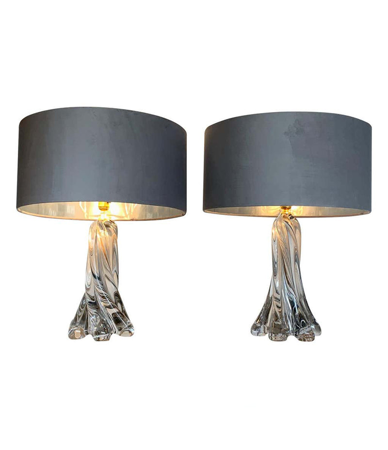  PAIR OF 1960S VAL ST LAMBERT CLEAR GLASS LAMPS WITH NEW BESPOKE SHADES