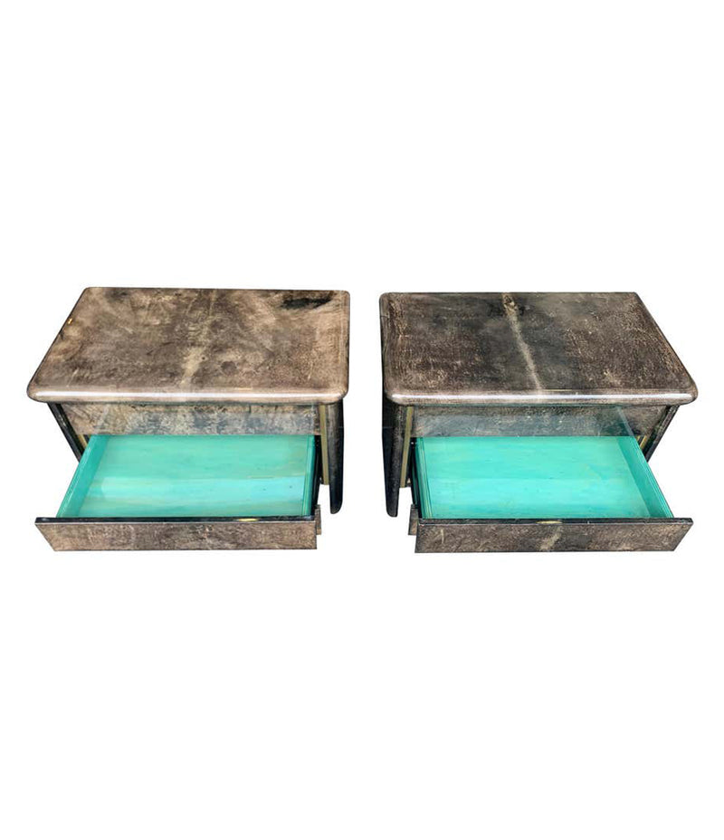 PAIR OF 1970S ALDO TURA STYLE LACQUERED GOATSKIN BEDSIDE CABINETS